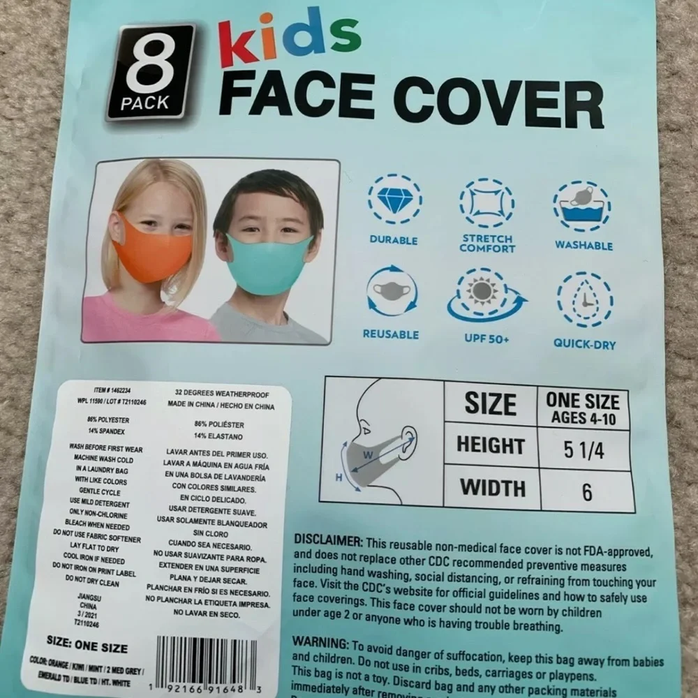 New 32 Degrees Kid's‎ Unisex Face Cover 8-pack- New Sealed